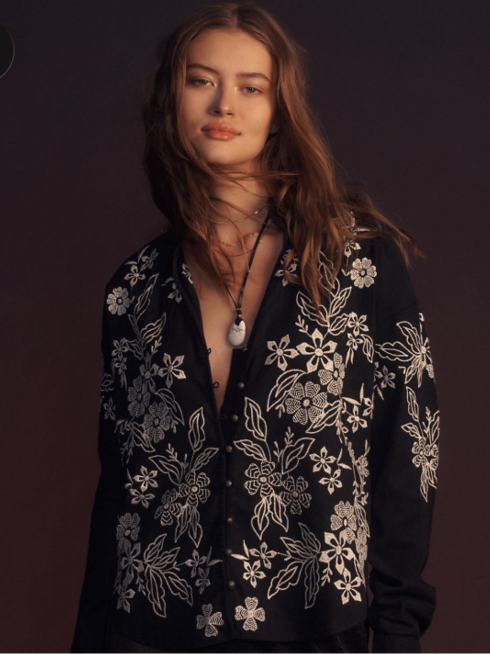 Pilcro The Tavi Buttondown Navy Floral Embroidered Blouse